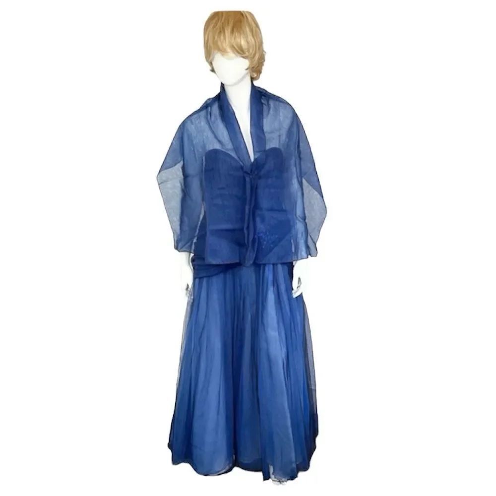 Zola Keller Blue Strapless Silk Tulle Designer Maxi Gown Dress Matching Scarf XS
